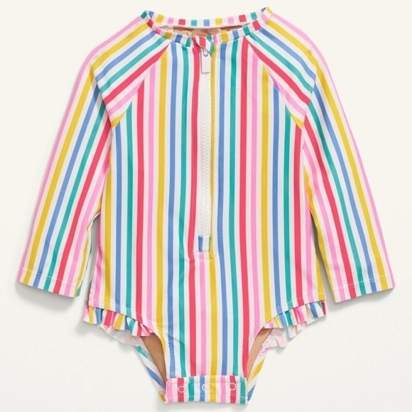 long sleeve rainbow multi color stripe swim suit rash guard 12/18m - Picture 1 of 1